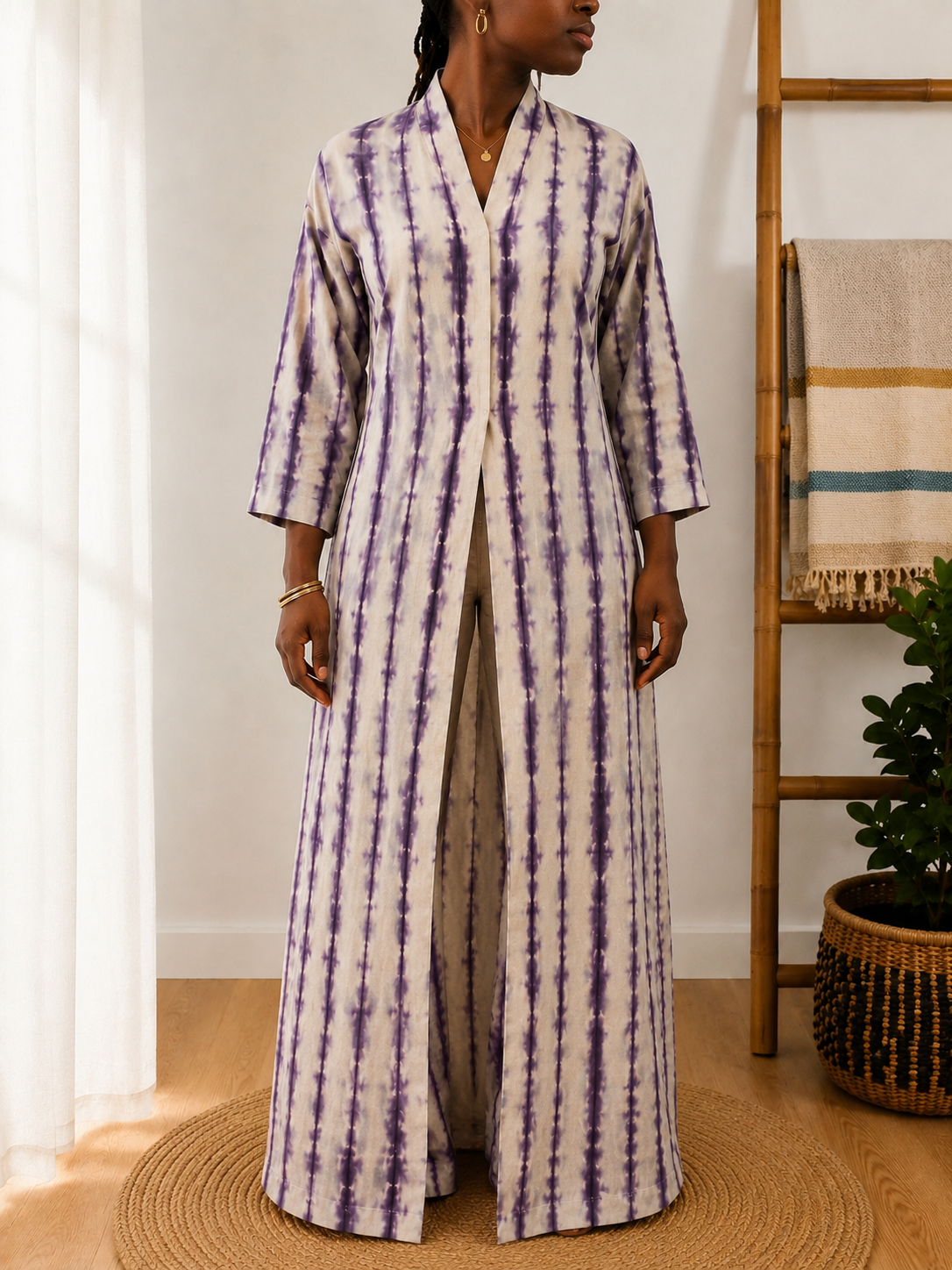 Ensemble Liyana – Tunique longue fendue & pantalon palazzo en coton teint naturellement