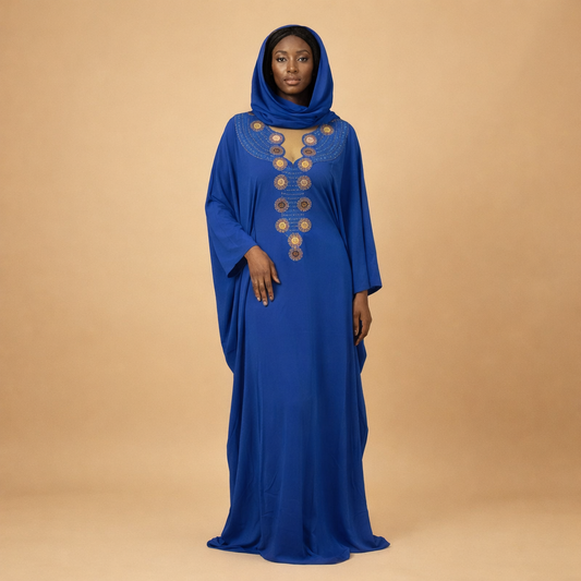 Caftan long brodé femme – robe ample élégante (bleu & rouge) avec foulard assorti