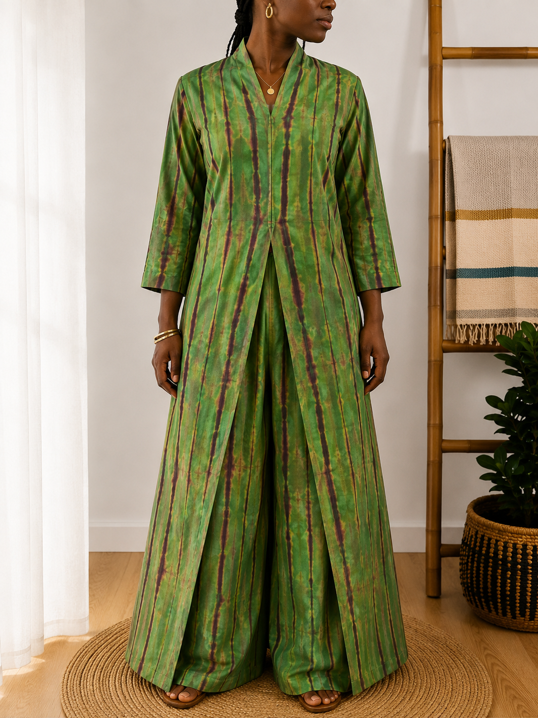 Ensemble Liyana – Tunique longue fendue & pantalon palazzo en coton teint naturellement