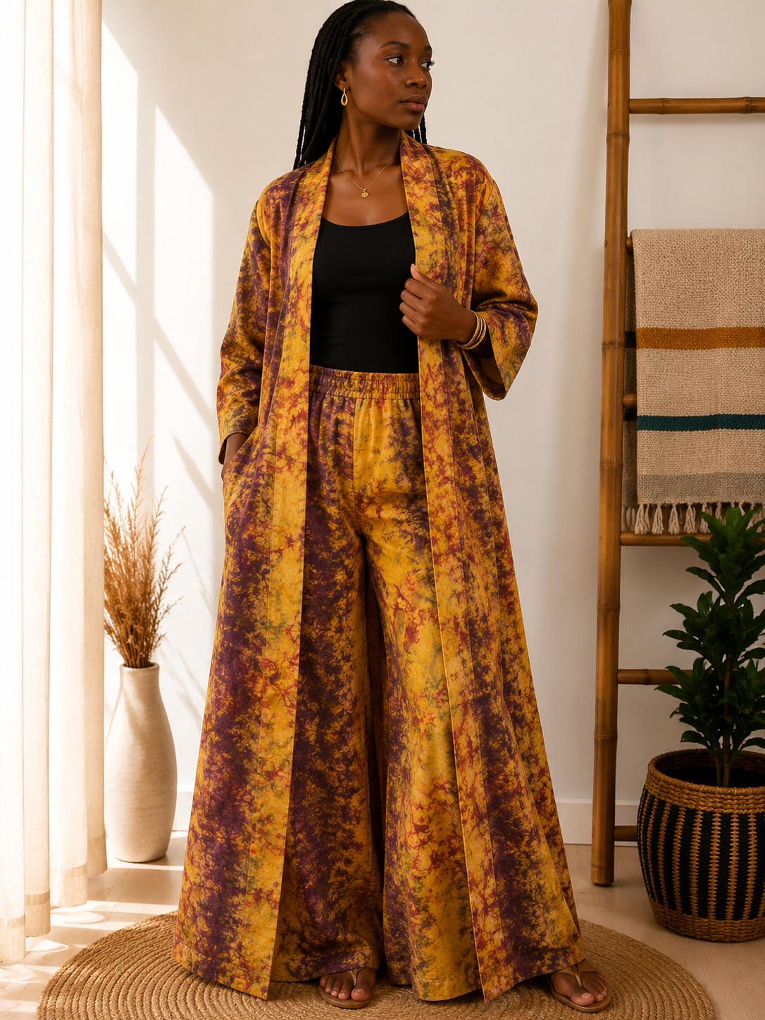 Ensemble Zahira – Kimono long & pantalon palazzo en coton teint naturellement