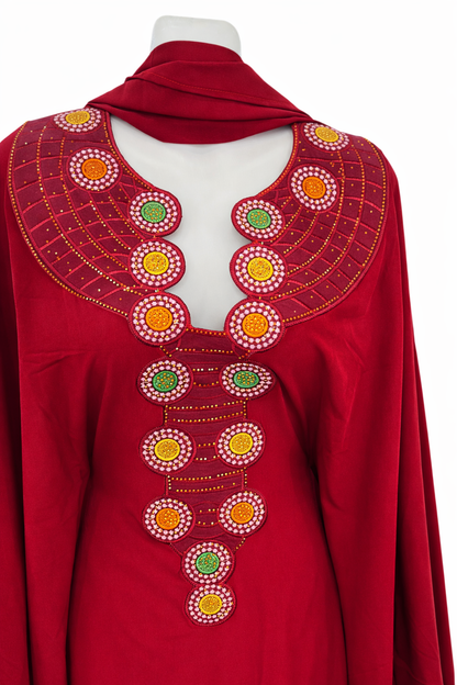 Caftan long brodé femme – robe ample élégante (bleu & rouge) avec foulard assorti