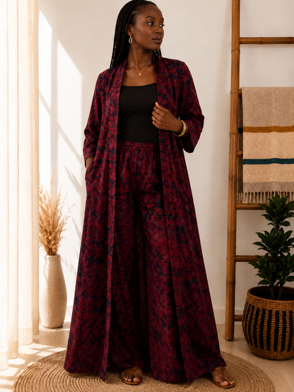 Ensemble Zahira – Kimono long & pantalon palazzo en coton teint naturellement