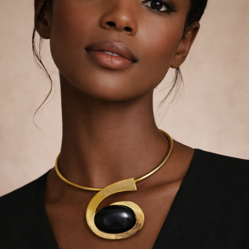 Ras de cou Zola – Pierre noire & bronze doré