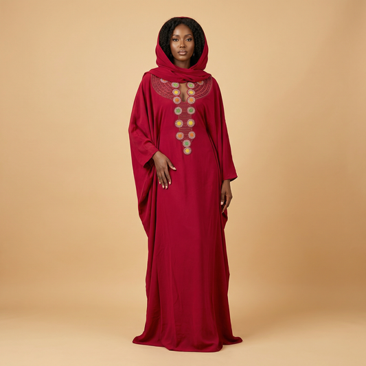 Caftan long brodé femme – robe ample élégante (bleu & rouge) avec foulard assorti