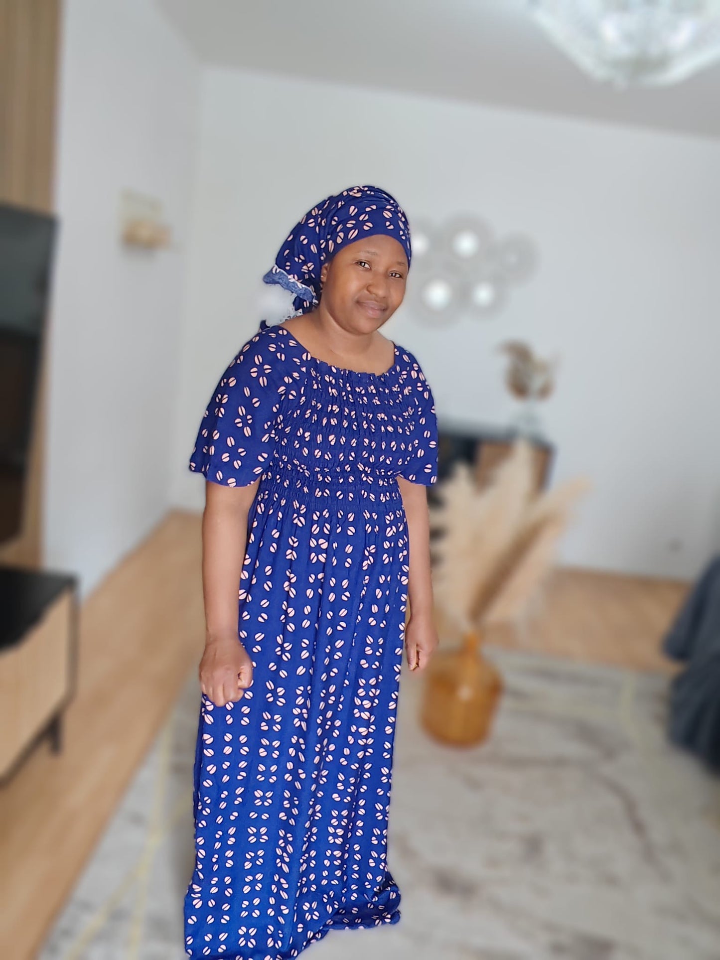 Magnifique robe longue motif cauris 100% coton