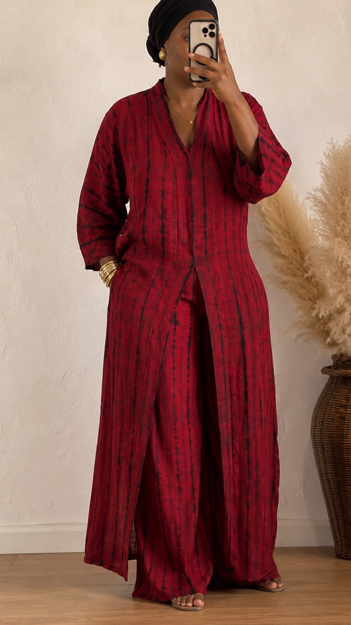 Ensemble Liyana – Tunique longue fendue & pantalon palazzo en coton teint naturellement