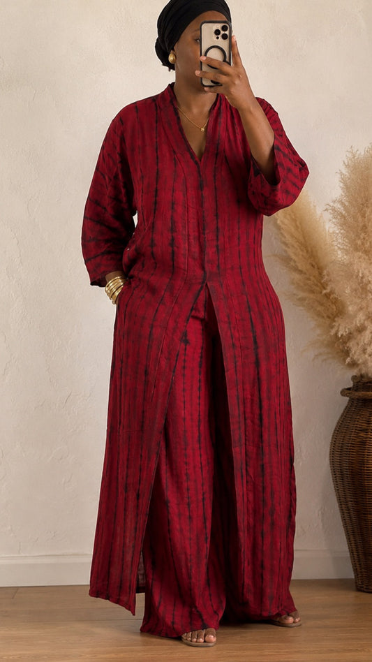 Ensemble Liyana – Tunique longue fendue & pantalon palazzo en coton teint naturellement