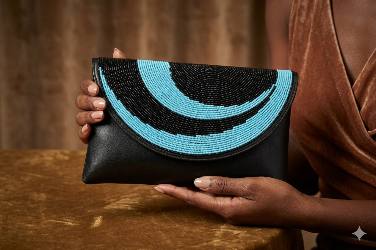 Pochette Nisaï – sac masaï en perles brodées à la main et simili cuir de qualité | sans bandoulière