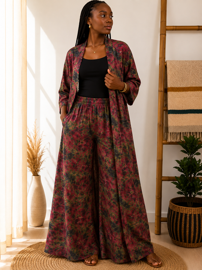 Ensemble Zahira – Kimono long & pantalon palazzo en coton teint naturellement
