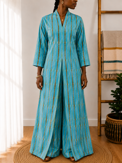 Ensemble Liyana – Tunique longue fendue & pantalon palazzo en coton teint naturellement