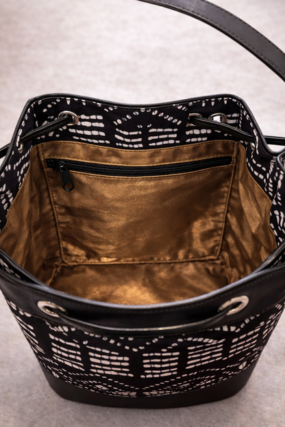 Sac seau Fati en wax africain – Sac à main femme élégant avec poche intérieure zippée