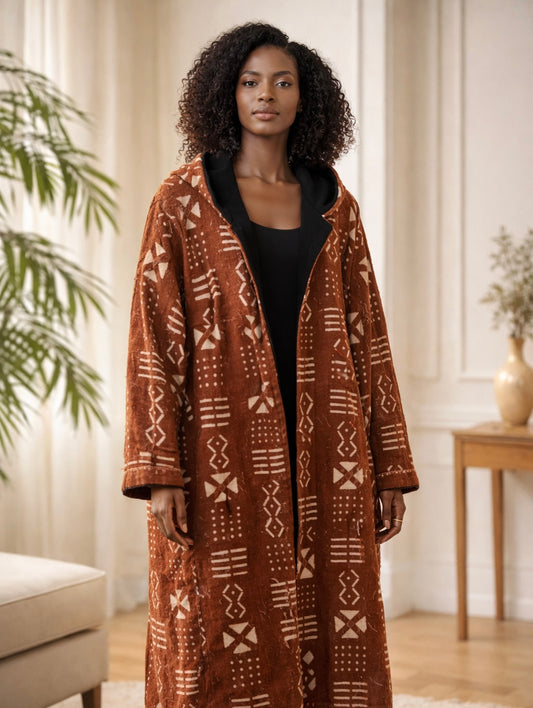 🧥 Manteau long à capuche en Bogolan artisanal – Unisexe